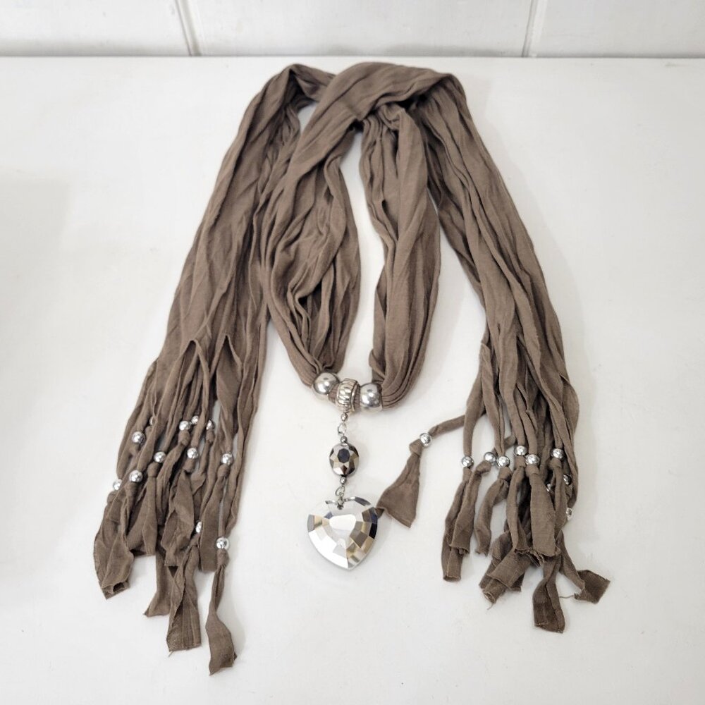 Tan Jersey Jewelry Scarf with Crystal Heart Pendant - Picture 3 of 6